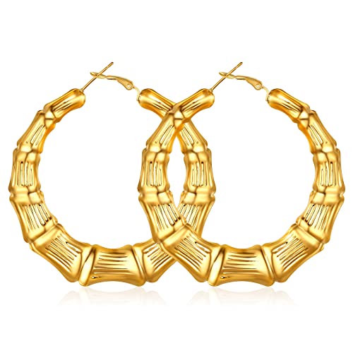 FOCALOOK Damen Hoop Ohrringe 18k vergoldet Bambus-Design Kreis Creolen 60mm Runde Statement Ohrringe Street Style Modeschmuck Accessoire für Bürodamen Office Lady von FOCALOOK
