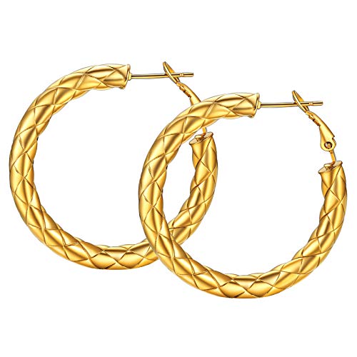 FOCALOOK Damen Hoop Ohrringe 40mm 18k vergoldet Kreuz Muster Rohr Kreis Statement Ohrringe Retro Stil Creolen Ohr Piercing Modeschmuck Accessoire für Bürodamen Office Lady von FOCALOOK