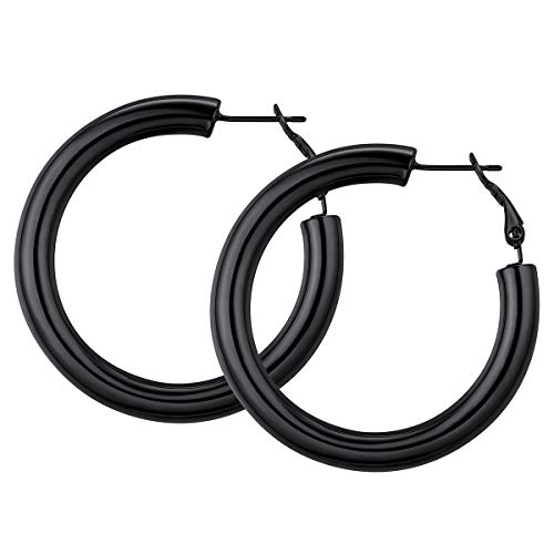 FOCALOOK Damen Hoop Ohrringe 40mm schwarz Edelstahl Statement Ohrringe 5mm dicke Kreis Creolen Frauen Mädchen Ohr Piercing Modeschmuck Accessoire für Bürodamen Office Lady von FOCALOOK