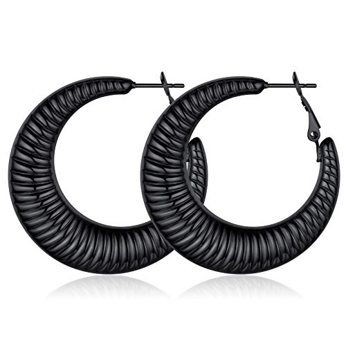 FOCALOOK Damen Hoop Ohrringe 40mm schwarz Edelstahl Streifen Kreis Statement Ohrringe Retro Stil Creolen Ohr Piercing Modeschmuck Accessoire für Bürodamen Office Lady von FOCALOOK