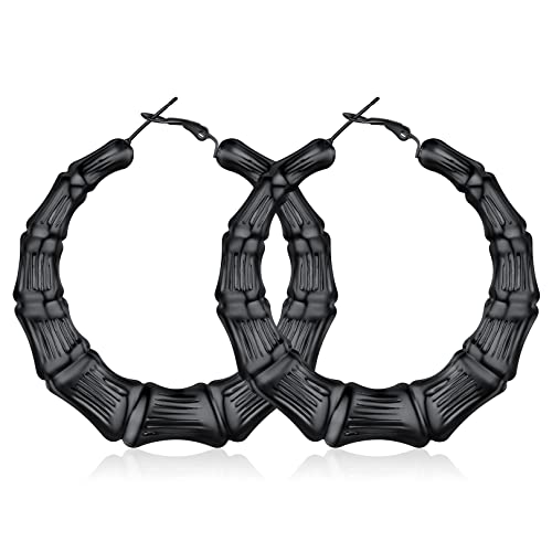 FOCALOOK Damen Hoop Ohrringe Schwarz Bambus-Design Kreis Creolen 60mm Runde Statement Ohrringe Street Style Modeschmuck Accessoire für Bürodamen Office Lady von FOCALOOK