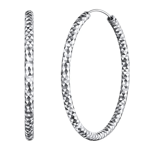 FOCALOOK Damen Hoop Ohrringe Silber 925 Kreis Creolen 50mm karierte Runde Statement Ohrringe Street Style Ohrschmuck Accessoire für Bürodamen Office Lady von FOCALOOK