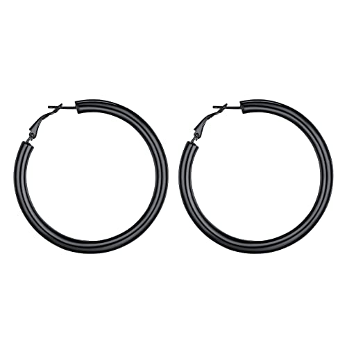 FOCALOOK Damen Hoop Ohrringe schwarz Edelstahl groß Kreis Creolen 60mm Kreis Statement Ohrringe Frauen Mädchen Ohr Piercing Modeschmuck Accessoire für Bürodamen Office Lady von FOCALOOK