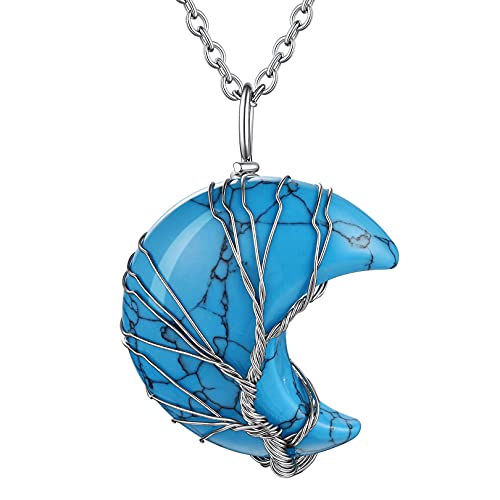 FOCALOOK Damen Kette Edelstahl Mondsichel Form Lebensbaum Anhänger mit Synthetischer Blauer Türkis 50+5cm Rolokette Baum des Lebens Halskette Modeschmuck Accessoire für Frauen Mädchen von FOCALOOK