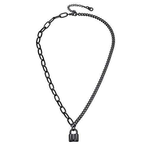 FOCALOOK Damen Kette schwarz Edelstahl Asymmetrische Panzerkette & Ankerkette mit Vorhängeschloss Anhänger Cool modische Modeschmuck Accessoire für Mädchen Frauen von FOCALOOK