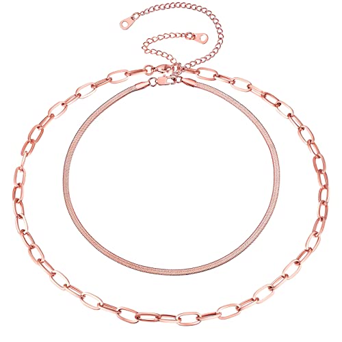 FOCALOOK Damen Ketten Set 32cm kurze Schlangenkette mit 45cm Ankerkette Rosegold vergoldet kurze Collier Halskette Modeschmuck Accessoire für Weihnachten Geburtstag Party von FOCALOOK