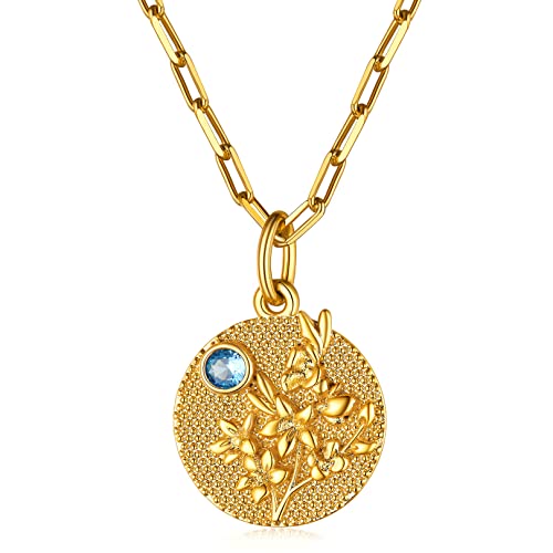 FOCALOOK Damen Kirschblüte Kette 18k vergoldet März Geburtsblume Anhänger mit Geburtsstein 45+5cm Rolokette Geburtsmonat Halskette Modeschmuck Accessoire für Frauen Mädchen von FOCALOOK