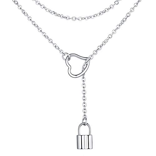 FOCALOOK Damen Lariat Halskette Edelstahl Herz und Schloss Anhänger mit 80cm Rolokette trendig verstellbar lang Y-Kette für Mädchen Modeschmuck Accessoire für V-Ausschnitt Pullover Kleid von FOCALOOK