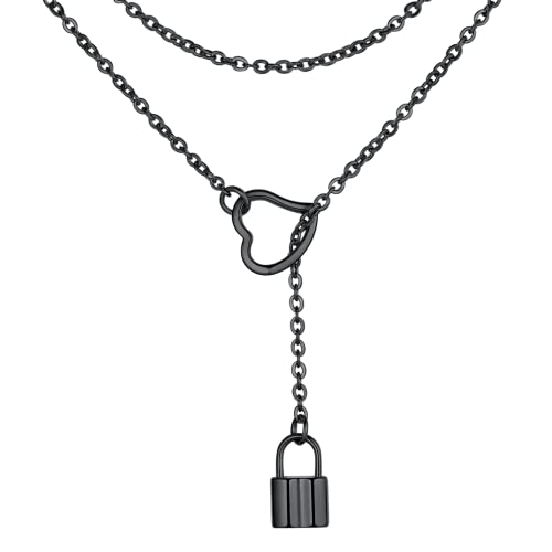 FOCALOOK Damen Lariat Kette schwarz Edelstahl Schlosse Anhänger 80cm lange Halskette verstellbar trendige Minimalist Collier Y-Kette Modeschmuck Accessoire für Valentinstag Jahrestag von FOCALOOK