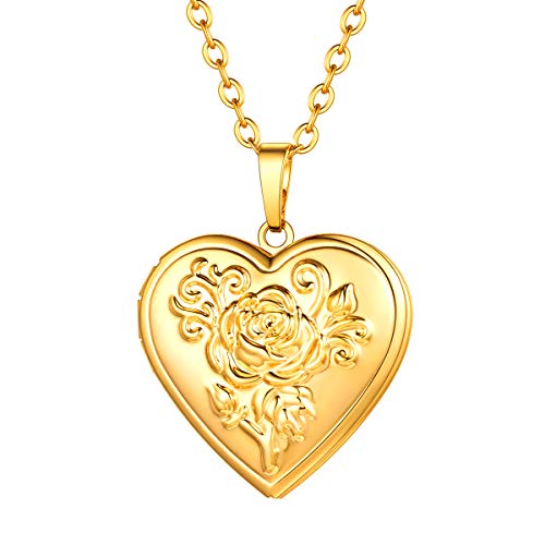 FOCALOOK Damen Mädchen Collier Herz Medaillon zu Öffnen 18k vergoldet Rose Blume Herz Anhänger Halskette Foto Bilder Amulett Floating Locket für Weihnachten Valentinstag von FOCALOOK