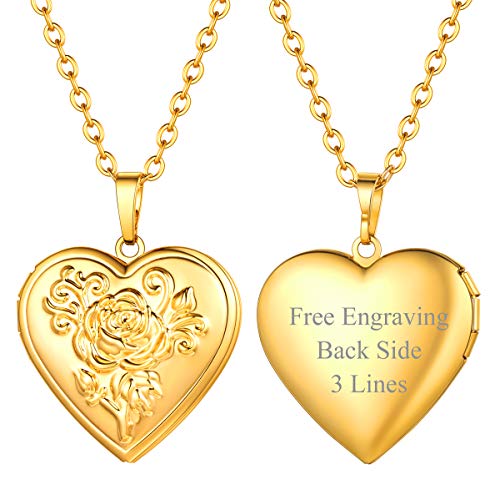FOCALOOK Damen Mädchen Collier personalisiert Herz Medaillon zu Öffnen 18k vergoldet Rose Blume Herz Anhänger Halskette Foto Bilder Amulett Floating Locket für Weihnachten Valentinstag von FOCALOOK