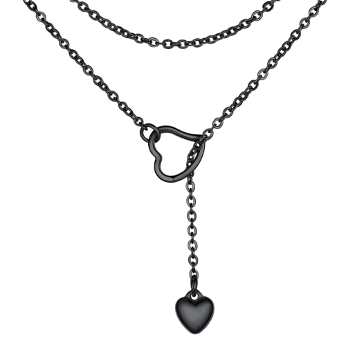 FOCALOOK Damen Mädchen Collier schwarz Edelstahl Lariat Kette mit Herz Anhänger 80cm lange Minimalist Y-Kette verstellbar Modeschmuck Accessoire für V-Ausschnitt Pullover Kleid von FOCALOOK