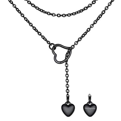 FOCALOOK Damen Mädchen Collier schwarz Edelstahl Lariat Kette mit personalisiert Herz Anhänger 80cm lange Minimalist Y-Kette verstellbar Modeschmuck Accessoire für V-Ausschnitt Pullover Kleid von FOCALOOK