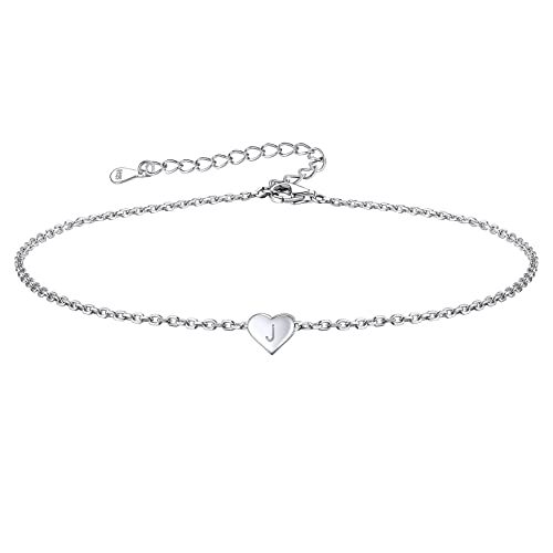 FOCALOOK Damen Mädchen J Initiales Alphabet Herz Fußkettchen S925 Silber Fußkette Charm-Fußkette mit glänzendem Herz-Schmuckanhänger Modeschmuck für Geburtstag/Party von FOCALOOK