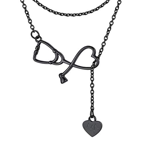 FOCALOOK Damen Mädchen Lariat Kette lange Y-Kette mit Stethoskop und EKG Herz Anhänger schwarz Edelstahl 80cm Rolokette verstellbar Halskette Modeschmuck Accessoire für Geburtstag von FOCALOOK