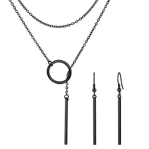 FOCALOOK Damen Mädchen Schmuck Set Lange Halskette in schwarz 73cm Lariat Kette mit Ohrringe einfach Geometrische Collier Y-Kette Valentinstag Jahrestag von FOCALOOK