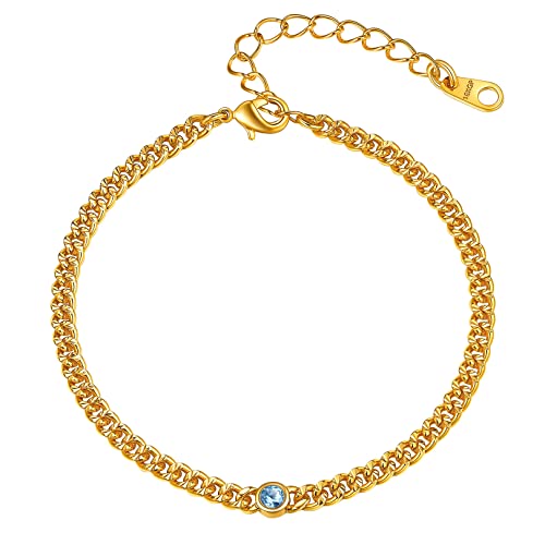 FOCALOOK Damen März Geburtsstein Fußkette 18k vergoldet Synthetischer Aquamarin Knöchel Armband 22+5cm/4,5mm verstellbare Panzerkette Fußkette Modeschmuck Accessoire für Frauen Mädchen von FOCALOOK