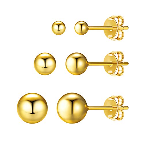 FOCALOOK Damen Ohrringe Set in 3 paare 925 Silber 3/5/7mm Kugel Ohrstecker 18k vergoldet Ohr Piercing Ohrschmuck einfach trendig Schmuck für Jungen Mädchen Geschenk für Geburtstag von FOCALOOK