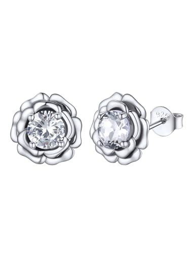 FOCALOOK Damen-Ohrringe Sterling-Silber 925 in Form einer Rose mit künstlichem Diamant, Ohrstecker mit Geburtsstein April, Sterling Silber Weißgold von FOCALOOK