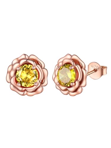 FOCALOOK Damen-Ohrringe Vermeil in Form einer Rose mit gelbem Topas, Ohrstecker mit Geburtsstein November, Sterling Silber Roségold von FOCALOOK