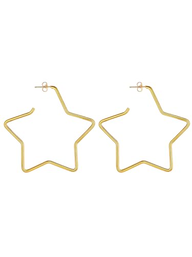 FOCALOOK Stern Ohrringe Vergoldet Hängend Creolen Edelstahl Damen Hoop Earrings Außendurchmesser 60mm Stern Ohrringe Y2K Accessoire Star Modeschmuck für Geburtstag von FOCALOOK