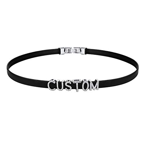 FOCALOOK Damen PU Leder Kette mit DIY Zirkonia Buchstaben Punk Gotik Choker Kette personalisiert kurze Halskette + platiniert Charms Modeschmuck für Frauen Mädchen von FOCALOOK