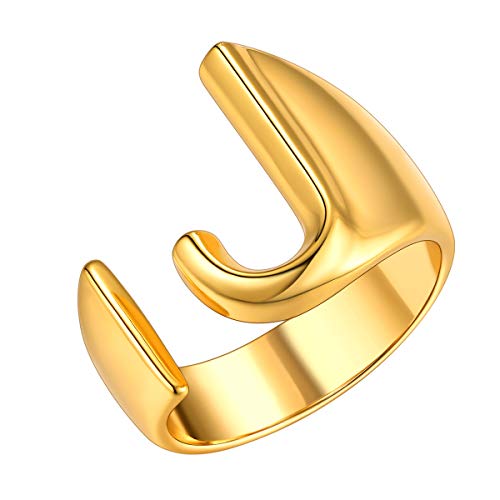 FOCALOOK Damen Party Ring 18k vergoldet Buchstabe J Offener Ring verstellbarer Knöchelring Fingerring mit Initiale goldfarben Modeschmuck Accessoire für Frauen Mädchen von FOCALOOK