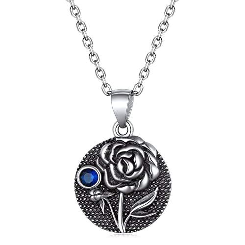 FOCALOOK Damen Pfingstrose Kette 925 Sterling Silber September Geburtsblume Anhänger mit Geburtsstein 45+5cm Rolokette Geburtsmonat Halskette Schmuck Accessoire für Frauen Mädchen von FOCALOOK