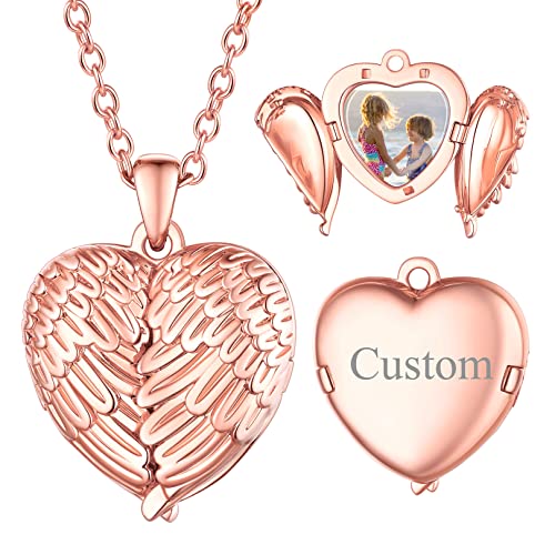 FOCALOOK Damen Rosegold vergoldet Fotokette personalisiert Herz Anhänger mit Rolokette Engelflügel Medaillon zum Öffnen für Foto Bilder Namen Gravur Schmuck für Frauen Mädchen von FOCALOOK