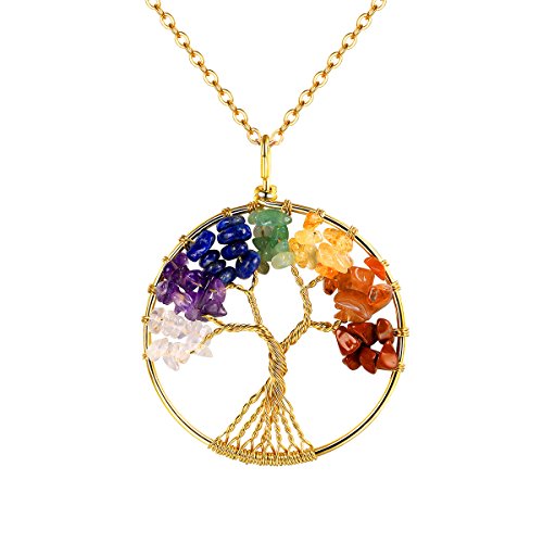 FOCALOOK Damen Runde Anhänger Halskette mit Baum des Leben 7 Stein Chakra Reiki-Energietherapie 18k vergoldet Mädchen Heilung Fashion Schmuck für Frauen von FOCALOOK