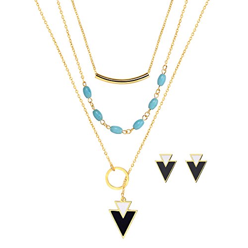 FOCALOOK Damen Schmuck-Set Multilayer Collier Türkis Perlen Kette Kreis Doppel-Dreiecke Anhänger Halskette Ohrstecker Set - 18k vergoldet von FOCALOOK