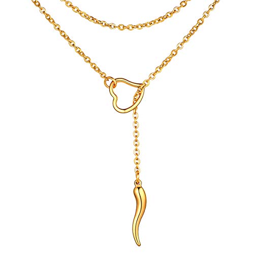 FOCALOOK Damen Y-Kette 18k vergoldet 80cm lang Rolokette mit Italienischen Horn und Herz Ring Anhänger einfach Cornicello Lariat Halskette Modeschmuck Accessoire für V-Ausschnitt Pullover von FOCALOOK