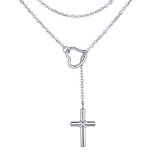 FOCALOOK Damen Y-Kette Edelstahl 80cm lang Rolokette mit Kreuz und Herz Ring Anhänger einfach Lariat Halskette religiöser Modeschmuck Accessoire für V-Ausschnitt Pullover von FOCALOOK