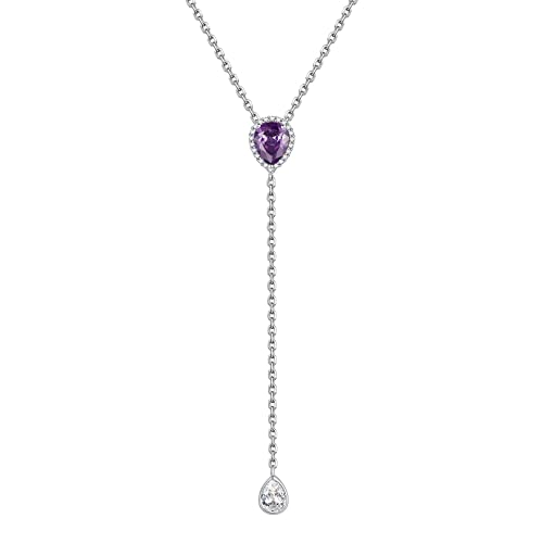 FOCALOOK Damen Y-Kette mit Geburtsstein Februar 925 Silber Synthetischer Amethyst Quastenkette für Mädchen 40+5cm Lariat Halskette Schmuck Accessoire für Geburtstag von FOCALOOK