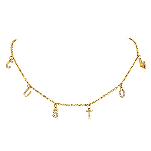 FOCALOOK Damen Zirkonia Namenskette 18k vergoldet 40+5cm dünne Rolokette mit personalisierten Buchstaben kurze Halskette Modeschmuck Accessoire für Ehefrau Freundin Schwester von FOCALOOK