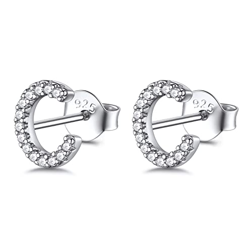 FOCALOOK Damen Zirkonia Ohrstecker Buchstabe C 925er Silber Initiale Letter Ohr Piercing Funkelnde Ohrringe Stud Earrrings Schmuck Accessoire für Valentinstag von FOCALOOK