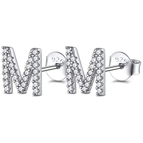 FOCALOOK Damen Zirkonia Ohrstecker Buchstabe M 925er Silber Initiale Letter Ohr Piercing Funkelnde Ohrringe Stud Earrrings Schmuck Accessoire für Valentinstag von FOCALOOK
