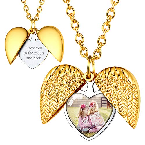 FOCALOOK Damen personalisert Foto Medaillon zu Öffnen platiniert Engelflügel Anhänger Halskette Namen Gravur Foto Bilder Amulett Floating Locket Schmuck für Muttertag Valentinstag von FOCALOOK