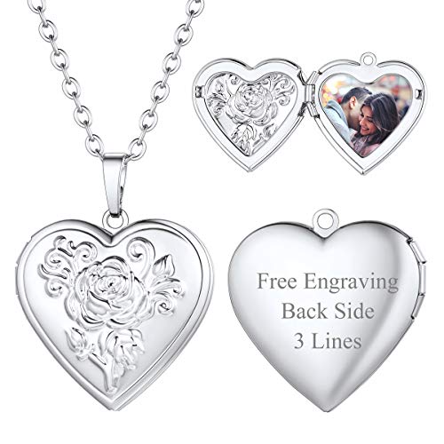 FOCALOOK Damen personalisert Foto Medaillon zu Öffnen platiniert Roseblume Herz Anhänger Halskette Namen Gravur Foto Bilder Amulett Floating Locket für Muttertag Valentinstag von FOCALOOK