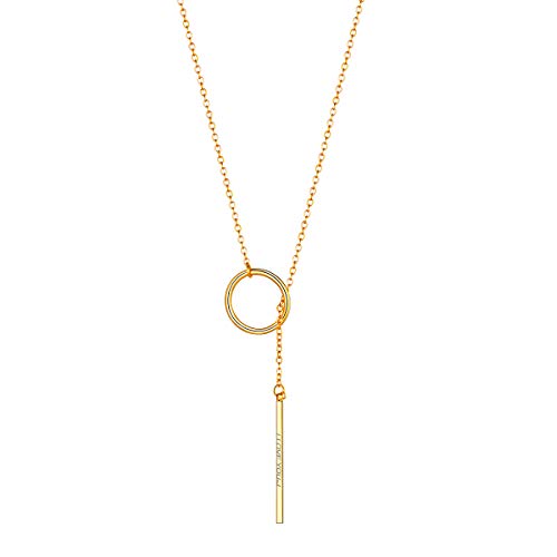 FOCALOOK Damen personalisiert Collier 18k vergoldet Ring und Stäbchen Anhänger mit 73cm lang Kette Name Gravur Lariat Halskette Y-Kette trendig Modeschmuck für Frauen Mädchen V-Ausschnitt Kleid von FOCALOOK