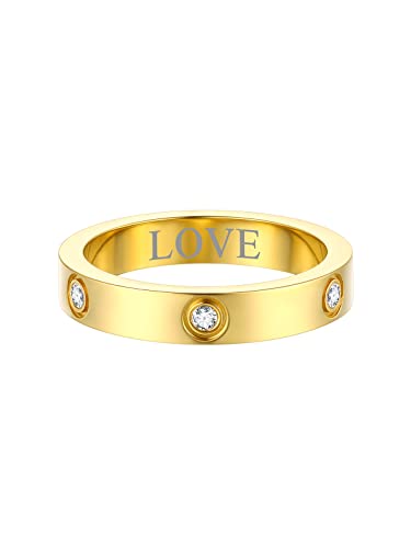 FOCALOOK Damen personalisiert Ehering Verlobungsring Trauring 18k vergoldet 4mm breit Bandring mit funkelnden CZ eingelegt Antragsring Partnerring Modeschmuck für Frauen Größe 52 (16.6) von FOCALOOK