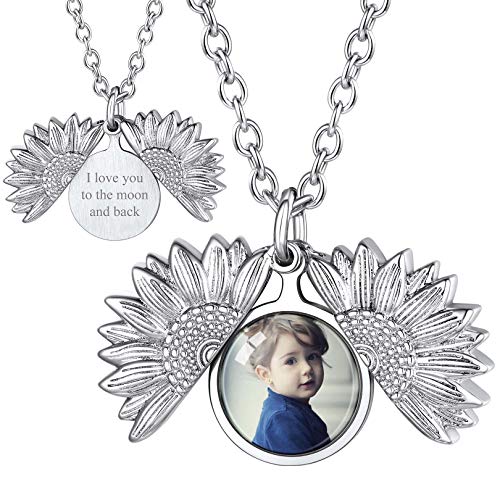 FOCALOOK Damen personalisiert Foto Kette 18k vergoldet Sonnenblume Medaillon zum Öffnen Anhänger für Bilder Namen Gravur Floating Locket Modeschmuck für Valentinstag Muttertag von FOCALOOK