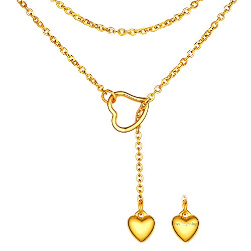FOCALOOK Damen personalisiert Lariat Halskette 18k vergoldet Liebe Herz Anhänger mit 80cm Rolokette trendig verstellbar lang Y-Kette Modeschmuck Accessoire für V-Ausschnitt Pullover von FOCALOOK