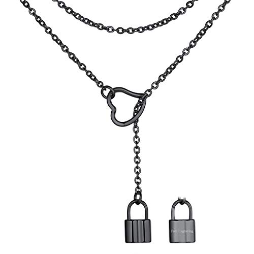 FOCALOOK Damen personalisiert Lariat Kette schwarz Edelstahl Schlosse Anhänger 80cm lange Halskette verstellbar Minimalist Collier Y-Kette Modeschmuck Accessoire für Valentinstag Jahrestag von FOCALOOK