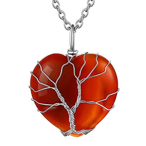 FOCALOOK Edelstahl Baum des Lebens Kette für Damen Mädchen Herz Form Natur Roter Achat Anhänger mit 50+5cm Rolokette religiöse Lebensbaum Halskette Modeschmuck Accessoire von FOCALOOK