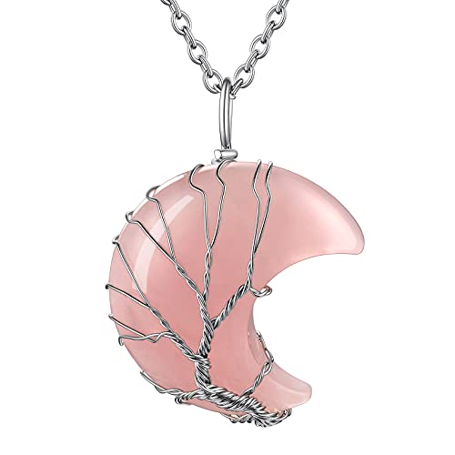 FOCALOOK Edelstahl Baum des Lebens Kette für Damen Mädchen Mondsichel Form Natur Rosenquarz Anhänger mit 50+5cm Rolokette religiöse Lebensbaum Halskette Modeschmuck Accessoire von FOCALOOK