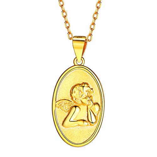 FOCALOOK Erzengel Raphael Damen Collier vergoldet Oval Anhänger mit Reliefarbeit Muster 925 Silber Filigrane 1,4mm 50cm Rolokette Vintage personalisiert Schmuck Accessoire für V-Ausschnitt Abendkleid von FOCALOOK