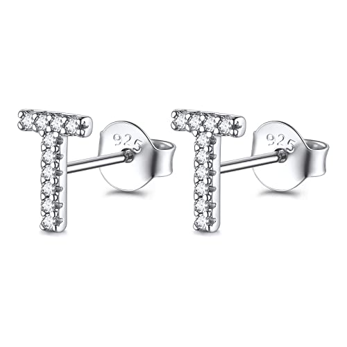 FOCALOOK Funkelnde Ohr Piercing Damen Silber 925 Buchstabe Ohrstecker Letter T Zirkonia Initiale Stud Ohrringe Ohrschmuck Accessoire für Frauen Mädchen von FOCALOOK