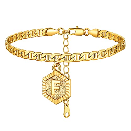FOCALOOK Fußkettchen mit Anfangsbuchstabe F für Frauen Mädchen Hexagon Initiale Anhänger 22cm Kette Gold Marine-Kette Armband Sommer Strand Modeschmuck von FOCALOOK