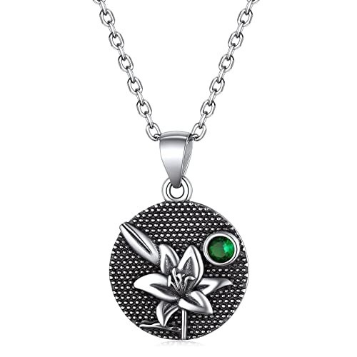 FOCALOOK Geburtsblume im Mai + Geburtsstein Anhänger mit 45+5cm Rolokette 925 Sterling Silber Münze mit Lilie Motiv Halskette Geburtsmonat Schmuck Accessoire für Damen Mädchen von FOCALOOK